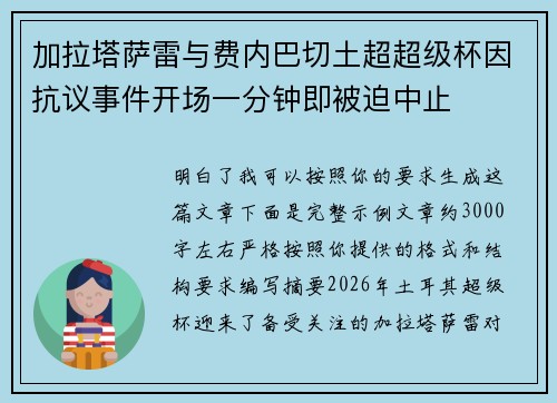 加拉塔萨雷与费内巴切土超超级杯因抗议事件开场一分钟即被迫中止