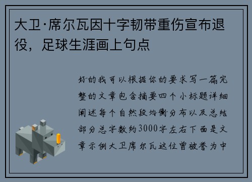 大卫·席尔瓦因十字韧带重伤宣布退役，足球生涯画上句点